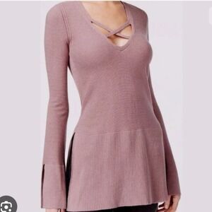 Free People Mauve Criss Cross‎ V-Neck Ribbed Tunic Sweater Purple M OB554553